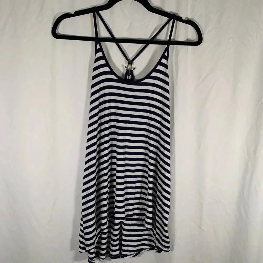 Cable & Gauge Tank Top Women's Small Blue White Striped Anchor Sleeveless
